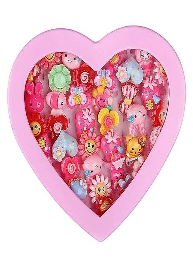 BAKEFY- 36 piece ring Kids Girls Adjustable Hand Finger Ring In Heart Shape Box- Pack Of 36 - Image 1